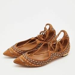 Pre Owned Aquazzura Brown Suede Ankle Wrap Ballet Flats Size 38.5