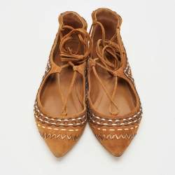 Pre Owned Aquazzura Brown Suede Ankle Wrap Ballet Flats Size 38.5