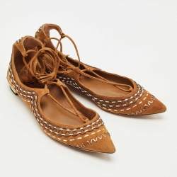 Pre Owned Aquazzura Brown Suede Ankle Wrap Ballet Flats Size 38.5