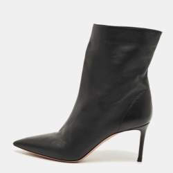Pre Owned Aquazzura Black Leather Pointed Toe Ankle Length Boots Size 37.5