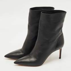 Pre Owned Aquazzura Black Leather Pointed Toe Ankle Length Boots Size 37.5