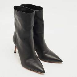 Pre Owned Aquazzura Black Leather Pointed Toe Ankle Length Boots Size 37.5