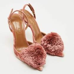 Pre Owned Aquazzura Rose Pink Velvet Powder Puff Pom Pom Slingback Pumps Size 35