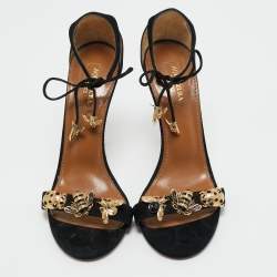 Pre Owned Aquazzura Black Suede Bees Embellished Ankle Strap Sandals Size 37