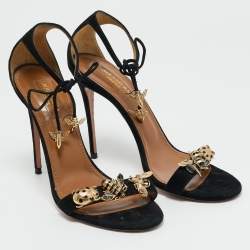 Pre Owned Aquazzura Black Suede Bees Embellished Ankle Strap Sandals Size 37