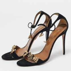 Pre Owned Aquazzura Black Suede Bees Embellished Ankle Strap Sandals Size 37