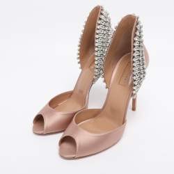 Pre Owned Aquazzura Nude Pink Satin Crystal Embellished Concorde D'orsay Pumps Size 38.5