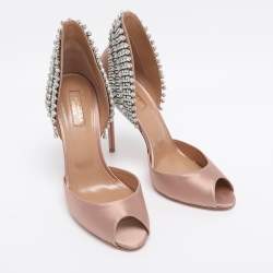 Pre Owned Aquazzura Nude Pink Satin Crystal Embellished Concorde D'orsay Pumps Size 38.5