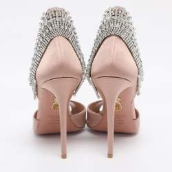 Pre Owned Aquazzura Nude Pink Satin Crystal Embellished Concorde D'orsay Pumps Size 38.5