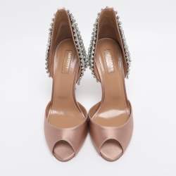 Pre Owned Aquazzura Nude Pink Satin Crystal Embellished Concorde D'orsay Pumps Size 38.5