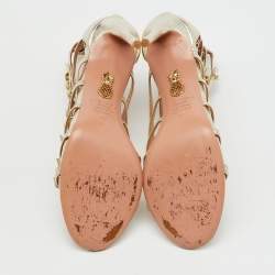 Pre Owned Aquazzura Metallic Gold Leather Star Studded Ankle Strappy Sandals Size 38