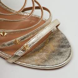 Pre Owned Aquazzura Metallic Gold Leather Star Studded Ankle Strappy Sandals Size 38