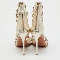 Pre Owned Aquazzura Metallic Gold Leather Star Studded Ankle Strappy Sandals Size 38