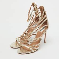 Pre Owned Aquazzura Metallic Gold Leather Star Studded Ankle Strappy Sandals Size 38