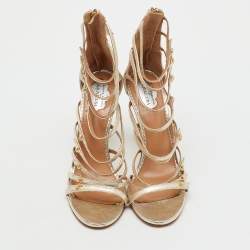 Pre Owned Aquazzura Metallic Gold Leather Star Studded Ankle Strappy Sandals Size 38