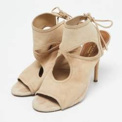 Pre Owned Aquazzura Beige Suede Sexy Thing Cut Out Ankle Tie Up Sandals Size 37