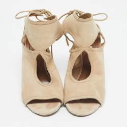Pre Owned Aquazzura Beige Suede Sexy Thing Cut Out Ankle Tie Up Sandals Size 37
