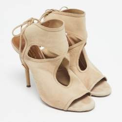 Pre Owned Aquazzura Beige Suede Sexy Thing Cut Out Ankle Tie Up Sandals Size 37