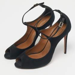 Pre Owned Aquazzura Black Suede Zani Peep Toe Ankle Pumps Size 38.5