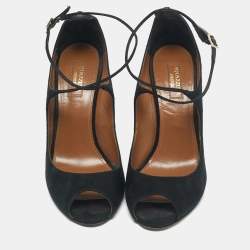 Pre Owned Aquazzura Black Suede Zani Peep Toe Ankle Pumps Size 38.5