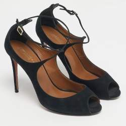 Pre Owned Aquazzura Black Suede Zani Peep Toe Ankle Pumps Size 38.5