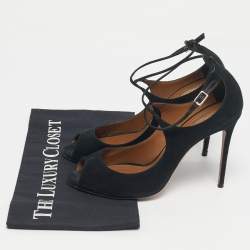 Pre Owned Aquazzura Black Suede Zani Peep Toe Ankle Pumps Size 38.5