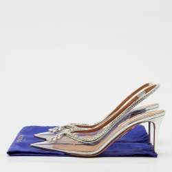 Pre Owned Aquazzura Transparent/Silver PVC and Leather Seduction Crystal Slingback Pumps Size 39.5