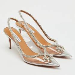 Pre Owned Aquazzura Transparent/Silver PVC and Leather Seduction Crystal Slingback Pumps Size 39.5