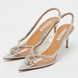 Pre Owned Aquazzura Transparent/Silver PVC and Leather Seduction Crystal Slingback Pumps Size 39.5
