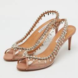Pre Owned Aquazzura Transparent/Beige PVC and Leather Temptation Crystal Slingback Pumps Size 40