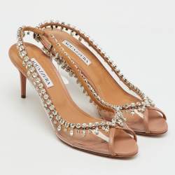 Pre Owned Aquazzura Transparent/Beige PVC and Leather Temptation Crystal Slingback Pumps Size 40