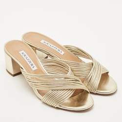 Pre Owned Aquazzura Gold Leather Crisscross Slide Sandals Size 38