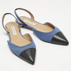 Pre Owned Aquazzura Black/Blue Canvas and Leather Marrakech Slingback Flats Size 37