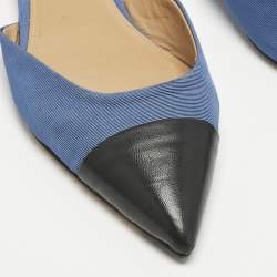 Pre Owned Aquazzura Black/Blue Canvas and Leather Marrakech Slingback Flats Size 37