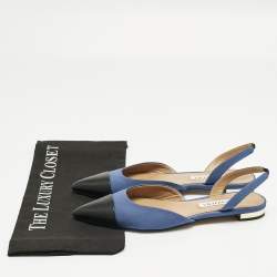 Pre Owned Aquazzura Black/Blue Canvas and Leather Marrakech Slingback Flats Size 37