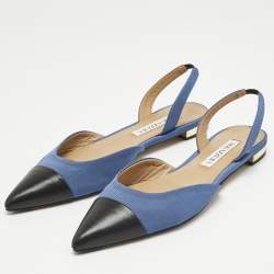 Pre Owned Aquazzura Black/Blue Canvas and Leather Marrakech Slingback Flats Size 37