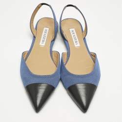 Pre Owned Aquazzura Black/Blue Canvas and Leather Marrakech Slingback Flats Size 37