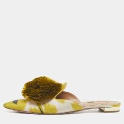 Pre Owned Aquazzura Green Velvet Powder Puff Pom Pom Flat Mules Size 40