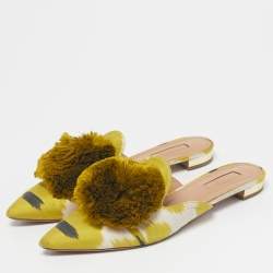 Pre Owned Aquazzura Green Velvet Powder Puff Pom Pom Flat Mules Size 40