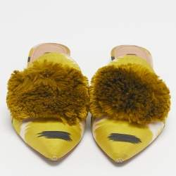 Pre Owned Aquazzura Green Velvet Powder Puff Pom Pom Flat Mules Size 40