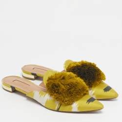 Pre Owned Aquazzura Green Velvet Powder Puff Pom Pom Flat Mules Size 40