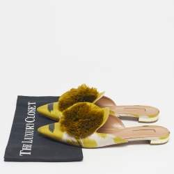 Pre Owned Aquazzura Green Velvet Powder Puff Pom Pom Flat Mules Size 40