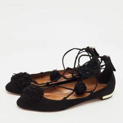 Pre Owned Aquazzura Black Suede Sunshine Ankle Tie Flats Size 41