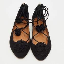 Pre Owned Aquazzura Black Suede Sunshine Ankle Tie Flats Size 41