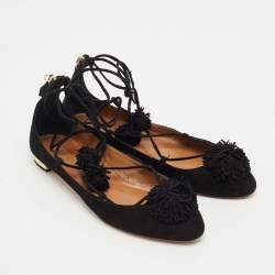 Pre Owned Aquazzura Black Suede Sunshine Ankle Tie Flats Size 41