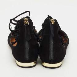 Pre Owned Aquazzura Black Suede Sunshine Ankle Tie Flats Size 41