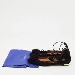 Pre Owned Aquazzura Black Suede Sunshine Ankle Tie Flats Size 41