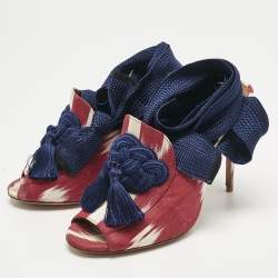 Pre Owned Aquazzura Burgundy/White Canvas Tassel Ankle Tie Sandals Size 37.5