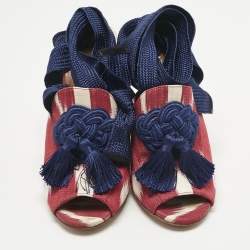 Pre Owned Aquazzura Burgundy/White Canvas Tassel Ankle Tie Sandals Size 37.5