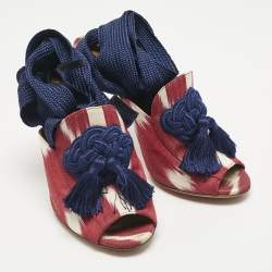 Pre Owned Aquazzura Burgundy/White Canvas Tassel Ankle Tie Sandals Size 37.5